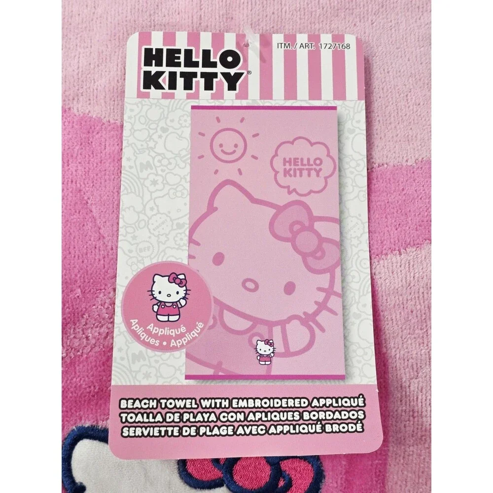 Hello Kitty Pink Embroidered Beach Towel 100% Cotton Sheared Velour 34x63 Sanrio